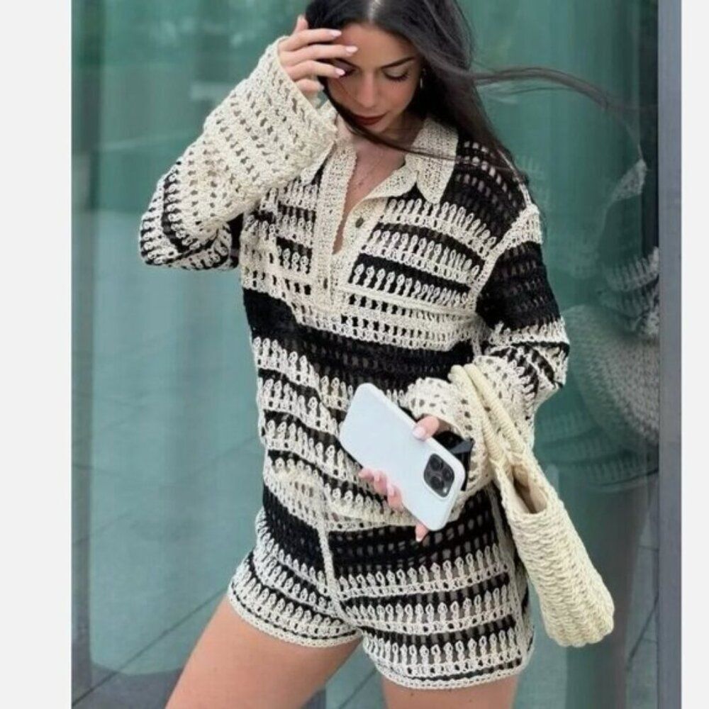 Zara Black and Cream Striped Crochet Knit Shirt with Lapel Collar & Long Sleeves